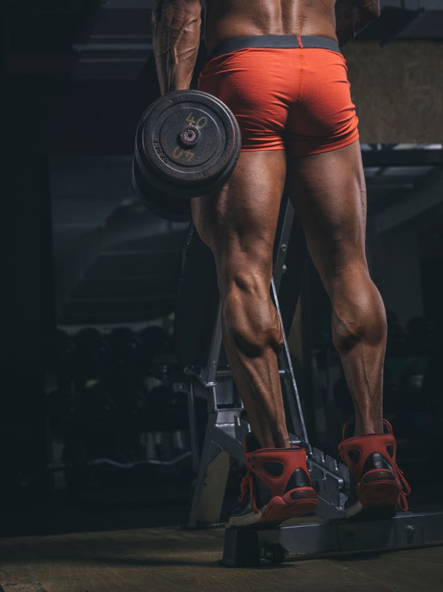 Bodybuilder training calves in the gym